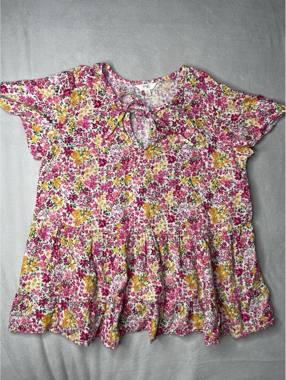 Terra & Sky Tiered Swing Peasant Top Pink Yellow Floral Women's 1X Pre-owned EUC